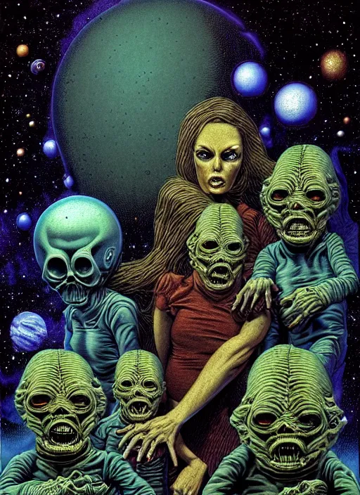 Image similar to detailed image of a creepy family in the deep space by richard corben, rich deep colors. masterpiece . intricate artwork, cinematic, hyper realism, high detail, unreal engine, 8k, Smooth gradients, High contrast, depth of field, very coherent symmetrical artwork. clean ink detailed line drawing, intricate detail, extremely detailed.