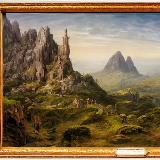 Image similar to a beautiful and highly detailed matte painting of a colorful yet humble english fort built of large stones in the distance high in the most epic mountains ever, intricate details, epic scale, insanely complex, 8 k, sharp focus, hyperrealism, very realistic, by caspar friedrich, greg rutowski, james gurney, hudson river school