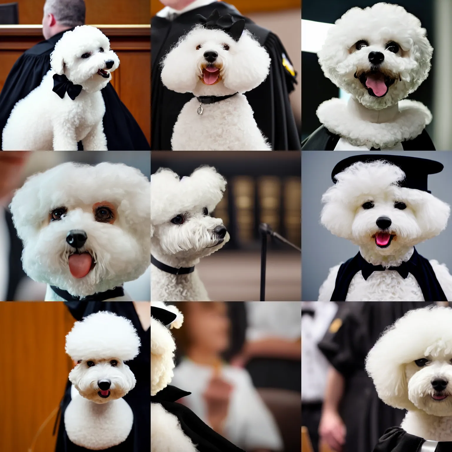 Image similar to a closeup photorealistic photograph of a cute smiling white bichon frise judge wearing a black gown and addressing a courthouse. this 4 k hd image is trending on artstation, featured on behance, well - rendered, extra crisp, features intricate detail, epic composition and the style of unreal engine.