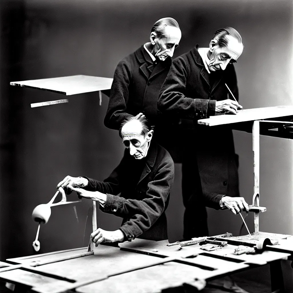 Image similar to a long exposure shot of Marcel Duchamp working on a readymade object, archival pigment print