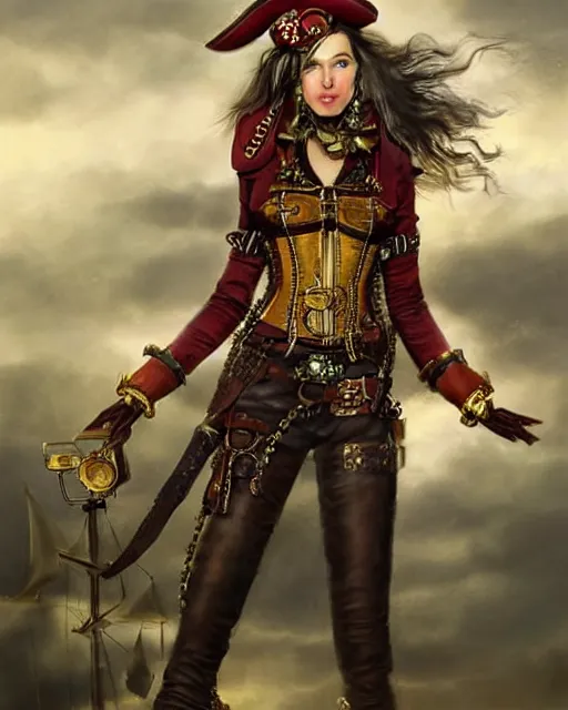 Image similar to a beautiful young female steampunk pirate wearing leather armor on gold and red trimmings on green, very cool pose, pirate ship with an epic sky background, slightly smiling, by Charlie Bowater Annie Leibovitz, zhuoxin ye, cinematic lighting and composition, fantasy painting, very detailed, ornate, 8k trending on artstation and pinterest, deviantart, google images