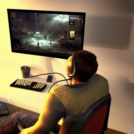 Image similar to realistic man using pc in gaming room, artstation trends, sci fi concept art, highly detailed, intricate, sharp focus, digital art, 8 k