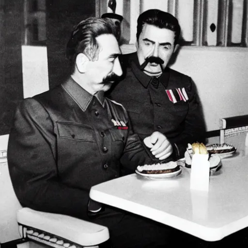 Image similar to joseph stalin eating at burger king, colored, 8 k