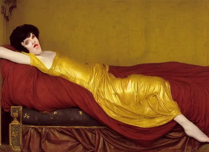 Prompt: portrait of liza minelli as a medieval lady reclining on bed, wearing yellow ochre, preraphaelite colour photography by frederic leighton, 8 k