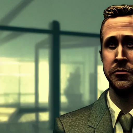 Image similar to Ryan Gosling character in Disco elysium game, HD , 4K, volume light, sharp focus, cinematic composition, dramatic pose, hyper detailed,