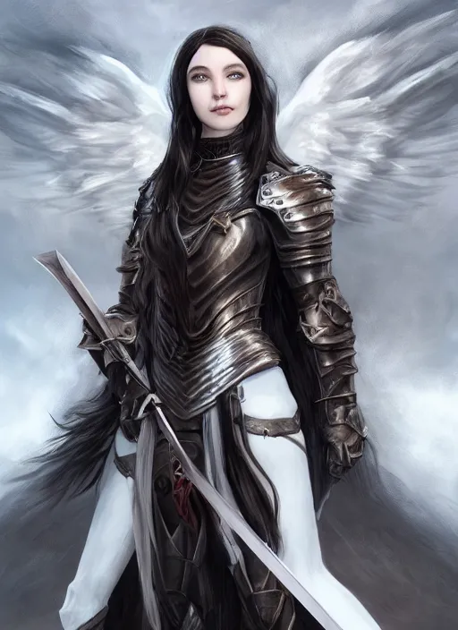 Image similar to An epic fantasy comic book style portrait painting of a pale girl with long black hair, she is wearing a knight armor, white angel wings, holding a sword, Unreal 5, DAZ, hyperrealistic, octane render, cosplay, RPG portrait, dynamic lighting