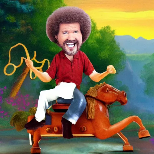 Image similar to bob ross screaming while riding on a rocking horse