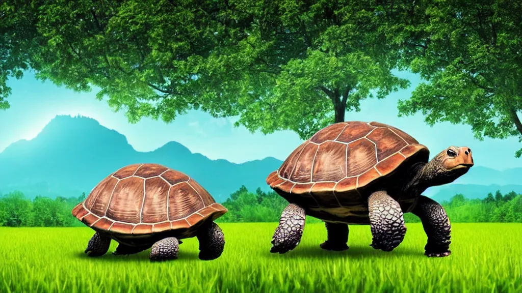 Image similar to Giant turtle with a city on it's back, walking through an open field, forest visible in the background