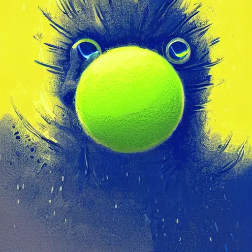 Image similar to a tennis ball monster ,tennis ball, rain, chalk, digital art, fantasy, magic, trending on artstation, ultra detailed, professional illustration by Basil Gogos