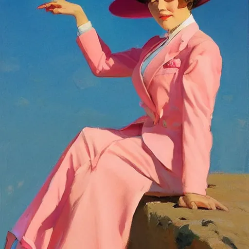 Image similar to an attractive female in a pink suit and tie, standing on a cliff, wearing a tophat, looking out at a pink ocean, by jc leyendecker!! phil hale!, angular, brush strokes, painterly, vintage, crisp