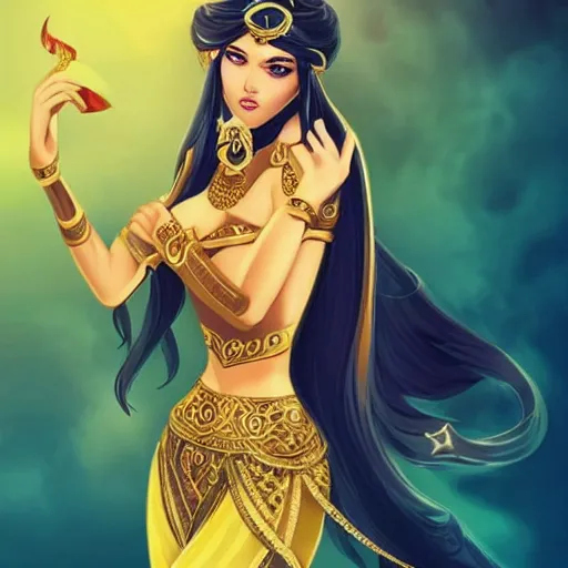 Prompt: aesthetic!!!!!! Female genie in Arabic clothing, olive skin, long black hair, gold tint, cinematic lighting, detailed, intricate, award winning