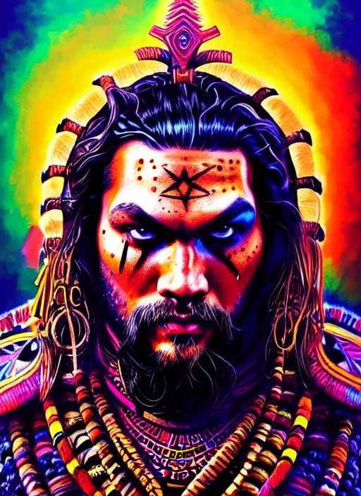 Image similar to portrait of jason momoa, hyper detailed ultra sharp aztec shaman warrior. trending on artstation, warpaint aesthetic, bloodwave, colorful, psychedelic, ornate, intricate, digital painting, concept art, smooth, sharp focus, illustration, art by artgerm and greg rutkowski and h. r. giger, 8 k