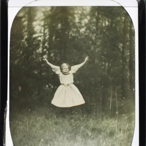 Image similar to Polaroid photo of Victorian child floating up in the air, in the clearing of a forest