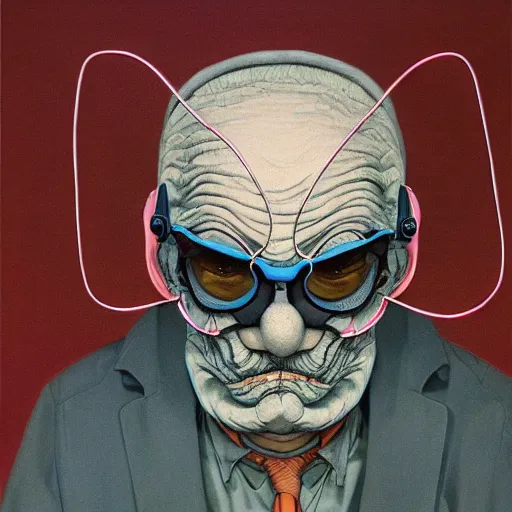 Image similar to old man with mask and wires, soft light painted by james jean and katsuhiro otomo and erik jones, inspired by akira anime, smooth face feature, intricate oil painting, high detail illustration, sharp high detail, manga and anime 1 9 9 9