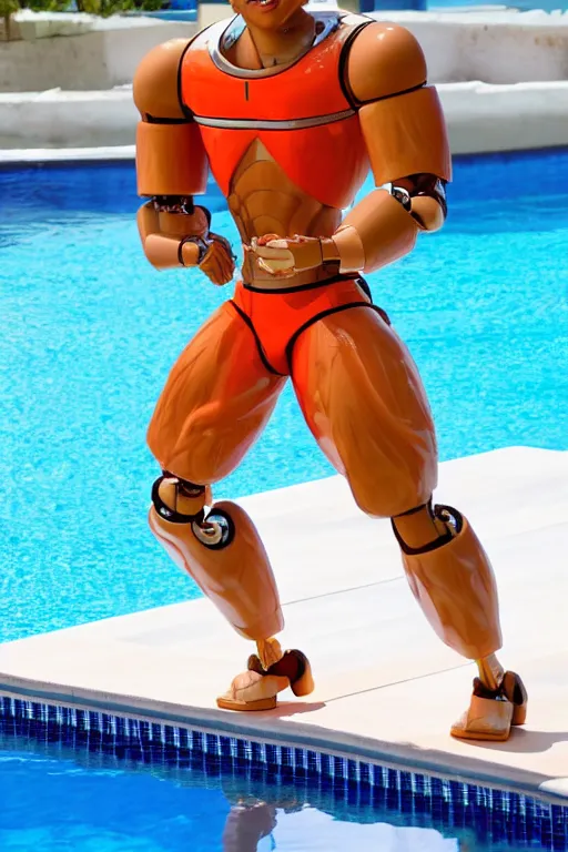 Image similar to a handsome bodybuilder with blonde hair who is also a male android robot, ken doll, muscular, wearing a cut-off white crop top and short light orange shorts stands by a swimming pool, shiny skin, robotic