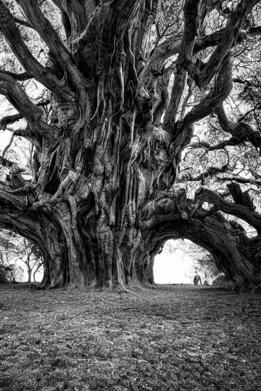 Image similar to a gloomy portal to the underworld in a big old tree