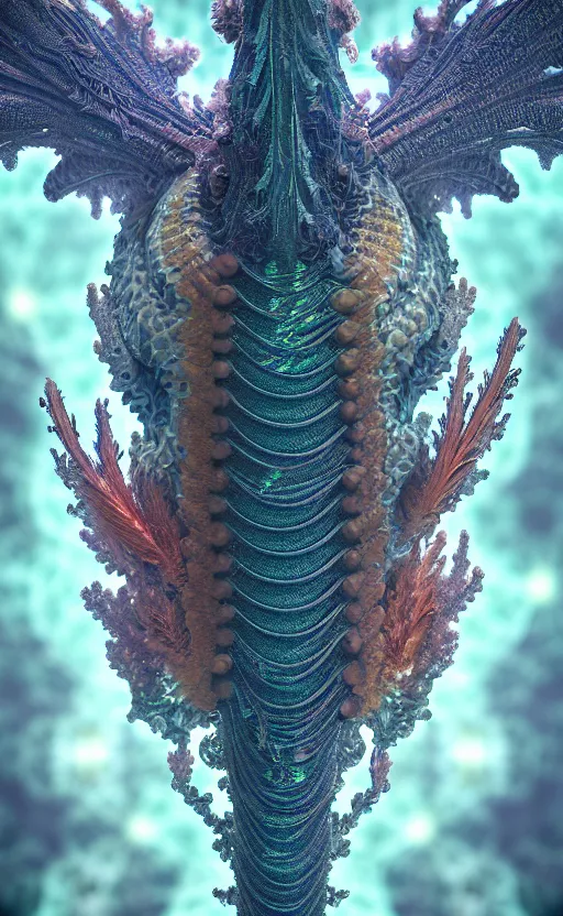 Image similar to dragon, intricate, eagle coral, jelly fish, feathers, mandelbulb 3 d, fractal flame, octane render, cyborg, biomechanical, futuristic, by ernst haeckel