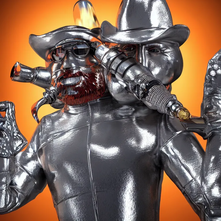 Image similar to octane render portrait by wayne barlow and carlo crivelli and glenn fabry, a man wearing a giant foam cowboy mascot costume holding a giant reflective shiny chrome revolver with smoke coming out of the barrel, cinema 4 d, ray traced lighting, very short depth of field, bokeh