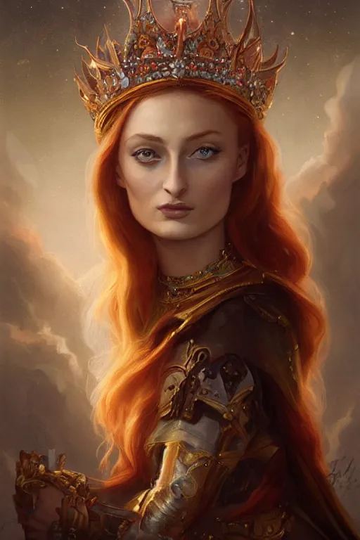 Prompt: beautiful _ hq _ matte _ painting _ portrait _ of _ sophie turner _ princess and jeweled crown _ by _ peter _ mohrbacher _ greg _ rutowski