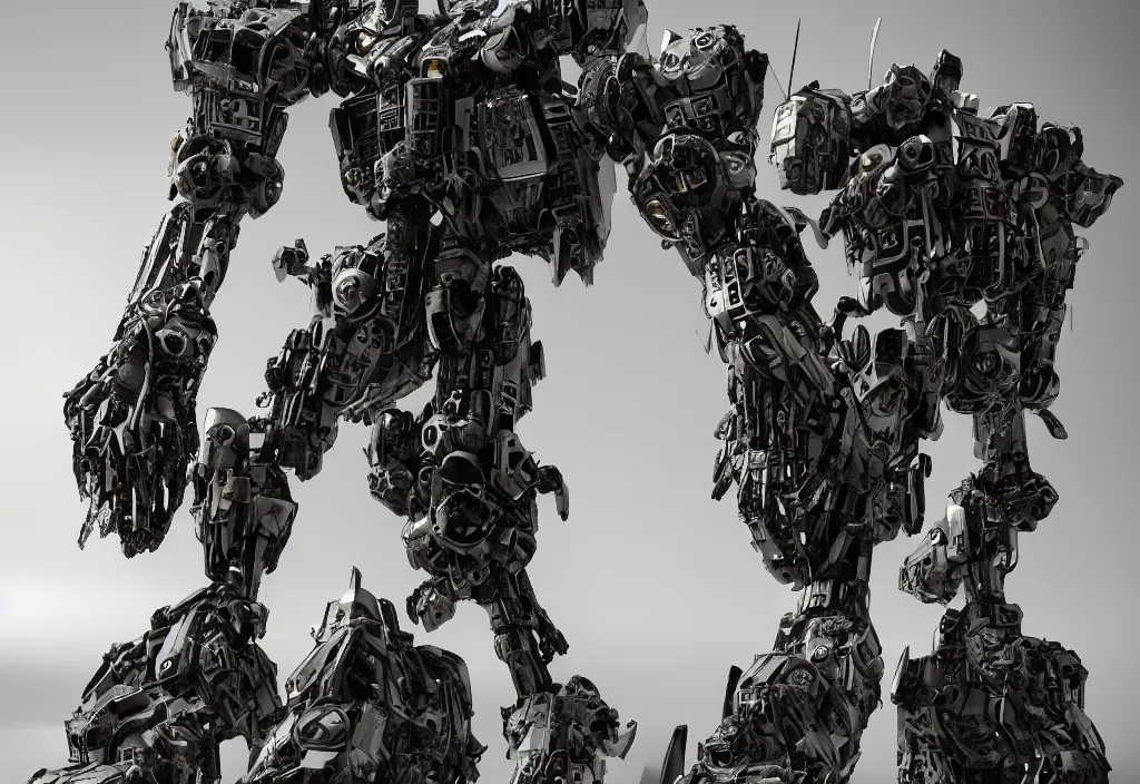 Prompt: giant mech, in the style of kow yokoyama, mecha, made of polychrome plaster stucco, covered in black shiny metallic paint, middle eastern details, cracked, chiaroscuro lighting, gyokugan, dirty, faceted style patterns, realistic, highly detailed, photography, high contrast, masterpiece, octane render,