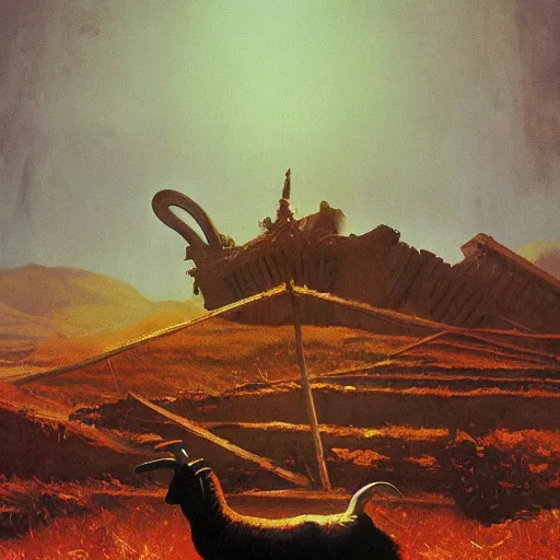 Prompt: goat in the painted world of resident evil and bruce pennington, head and shoulders masterpiece, apocalypse, golden hour, cosmic horror, artstation, in the style of goya and edward hopper and bosch, extremely detailed