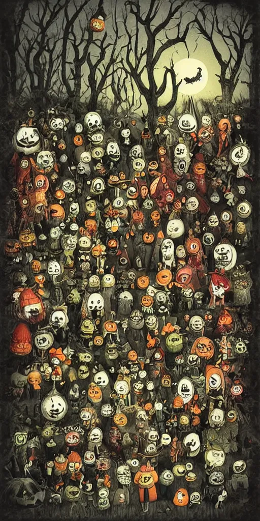 Image similar to a vintage halloween scene by alexander jansson and where's waldo