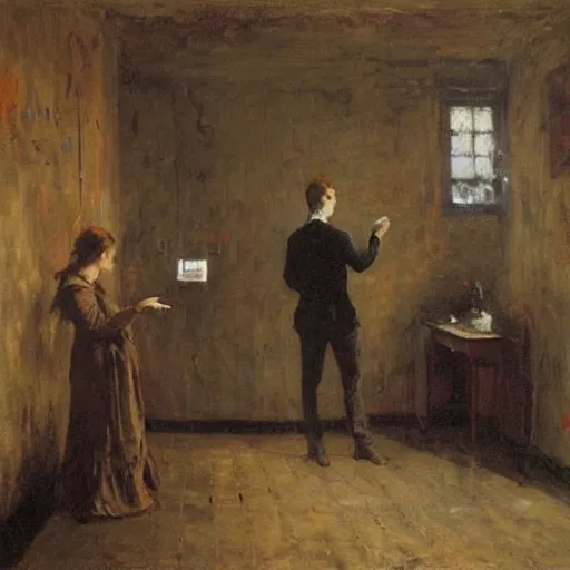 Image similar to a young man and a young woman solving an escape room puzzle, mysterious markings on the wall, by alfred stevens