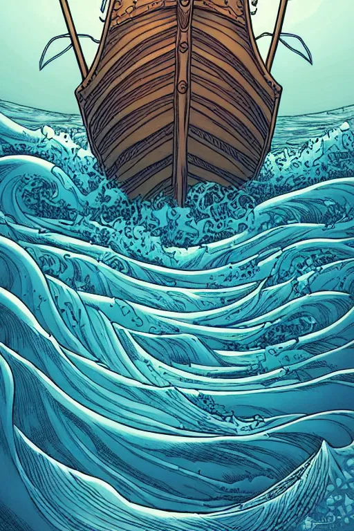 Prompt: comic cover art of a viking longboat, waves crashing, high fantasy digital illustration, by jenny frison and sana takeda, intricate details, stunning inking lines, flat colors, 4 k, hd, artstation