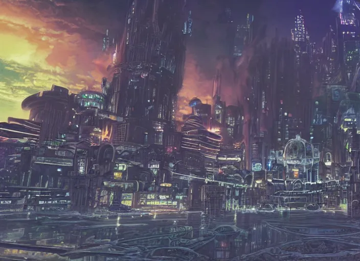 Image similar to landscape of midgar from final fantasy vii at night