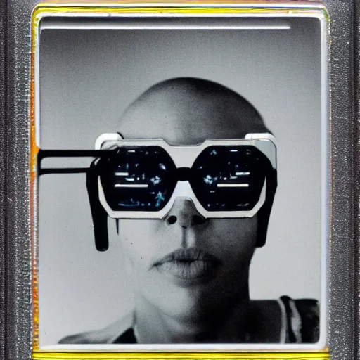 Prompt: cyber - polaroid of a cyborg with glasses, soft emotion, cybernetic, ethereal curtain, starburst, chrome vortex, vibrant scattered light, reflective glass, lcd screen, 1 9 6 0 s, computer - generated, dreamy