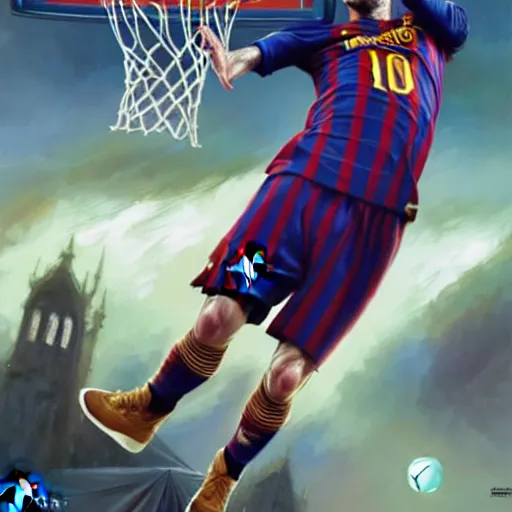 Image similar to Messi dunking on Ronaldo in the NBA, D&D, fantasy, intricate, elegant, highly detailed, digital painting, artstation, concept art, matte, sharp focus, illustration, art by Artgerm and Greg Rutkowski and Alphonse Mucha