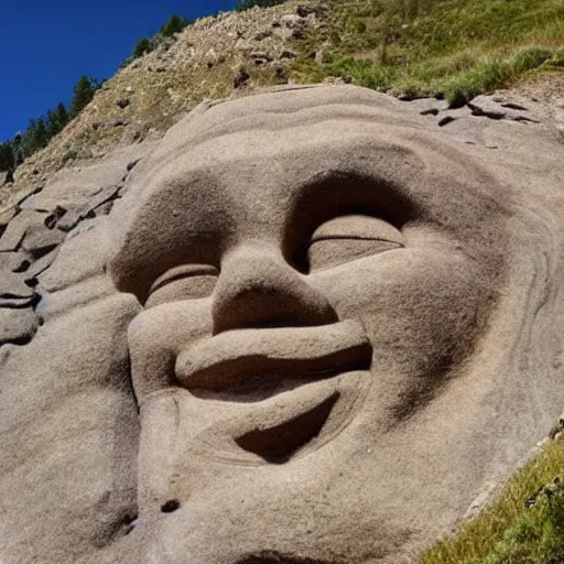 Image similar to a mountain side with the face of pippi carved into the rock