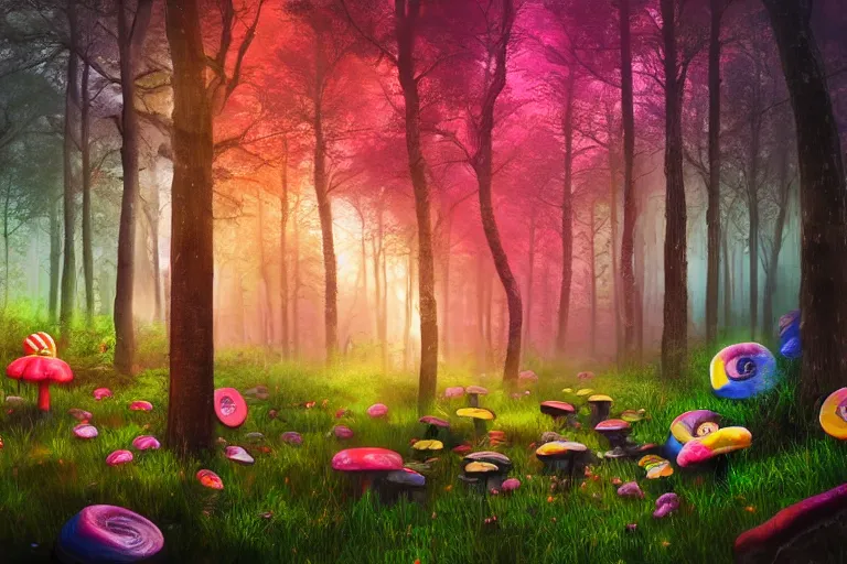 Image similar to deep colorful moody forest made of candy, lollipop trees, cotton candy bushes, big colorful rock candy boulders, gumdrop mushrooms, chocolate creek, gingerbread house. dark mood. mysterious realistic painting. photo collage, highly detailed, cinematic, hyperrealistic, artstation, dramatic lighting, god rays, clean crisp graphics, smooth sharp focus, extremely detailed