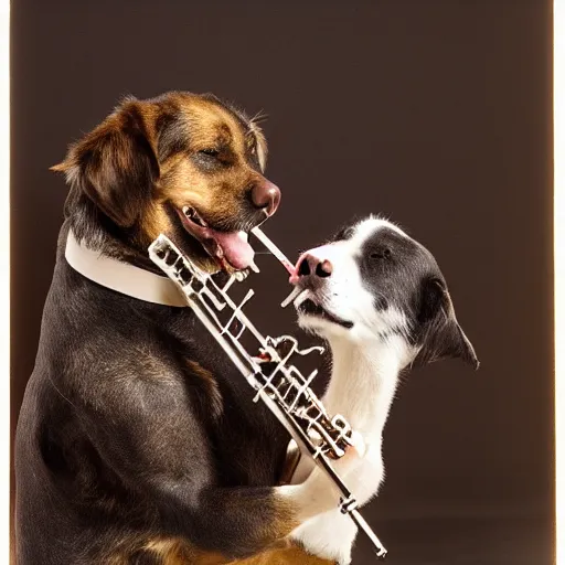 Image similar to dog playing a flute, studio lighting