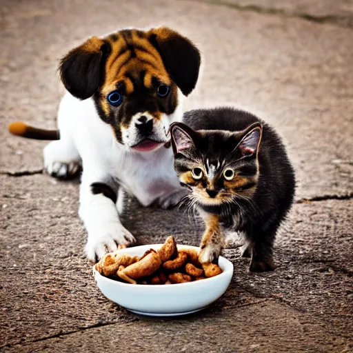 Prompt: photography of a puppie giving some food to baby cat, animal photography, award winning photography by Leonardo Espina