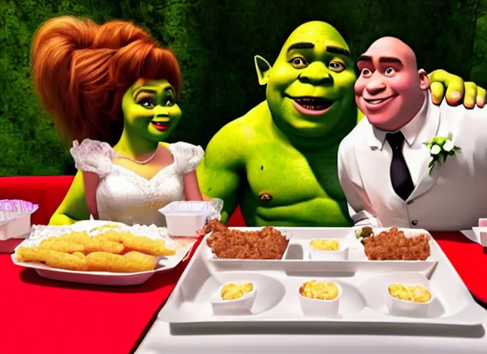 Prompt: A photograph of Shrek and Fiona eating at KFC on their wedding day.