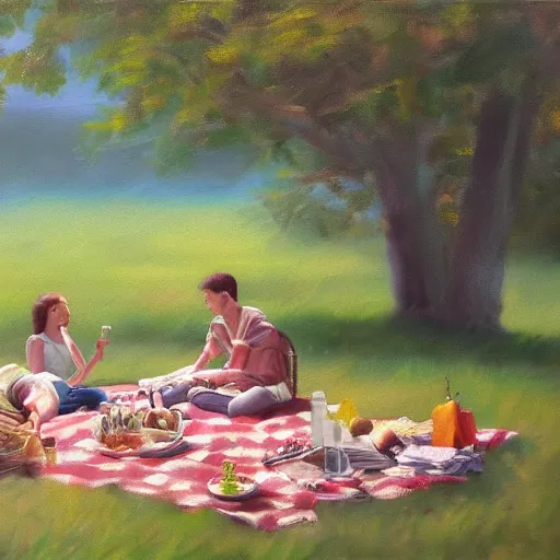 Image similar to a picnic with no people, oil painting, pale colors, high detail, 8 k, wide angle, trending on artstation,