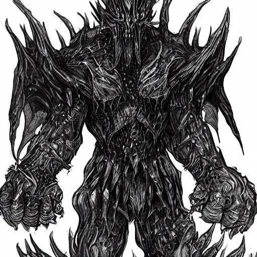 Image similar to monster with many arms and epic edgy armor. Black flames around him.