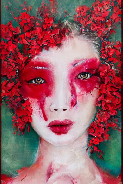 Image similar to beautiful woman's fractured face blended with red flowers jacky tsai style, pale skin, make up, acrylic on canvas