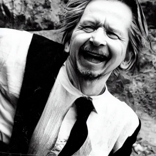 Image similar to an old worn photo of gary oldman emerging from his stone tomb