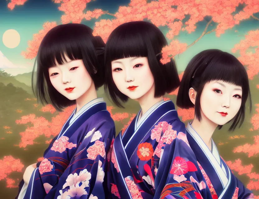 Image similar to two beautiful charming japan girls wear arty kimono in festival | | sunny night, full moon, dreamlike art, realistic shaded, smile, good looking, hyper details, 4 k realistic, cryengine, realistic shaded lighting poster by ilya kuvshinov, fuji choko, ross tran, 8 k resolution, trending on artstation, luxury