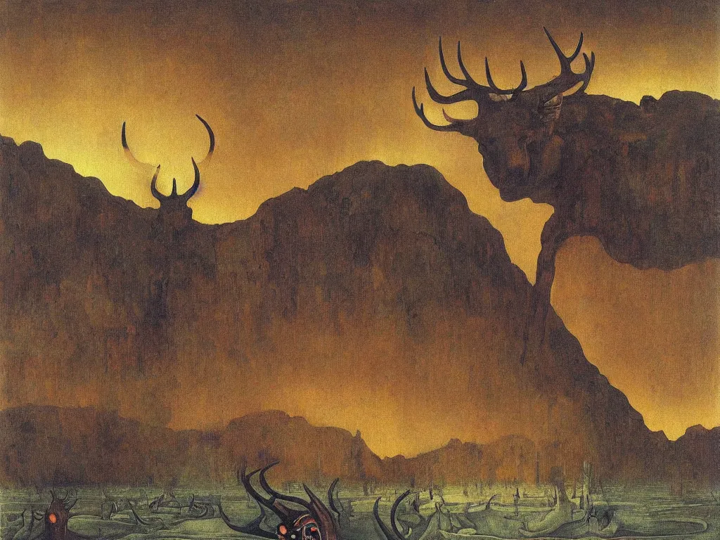 Image similar to Portrait of strange humanoid animal with antlers, snout, moth wings, mat antennae entering the toxic, phosphorescent river flowing from the factory. Apocaliptic skies. The glowing rock in the lithium desert. Painting by Jan van Eyck, Rene Magritte, Jean Delville, Max Ernst, Beksinski