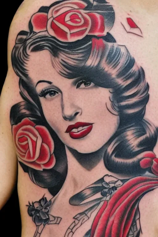 Prompt: traditional American tattoo of a pinup girl, detailed