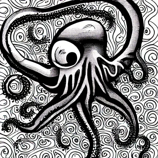 Prompt: detailed intricate black and white illustration of an alien octopus