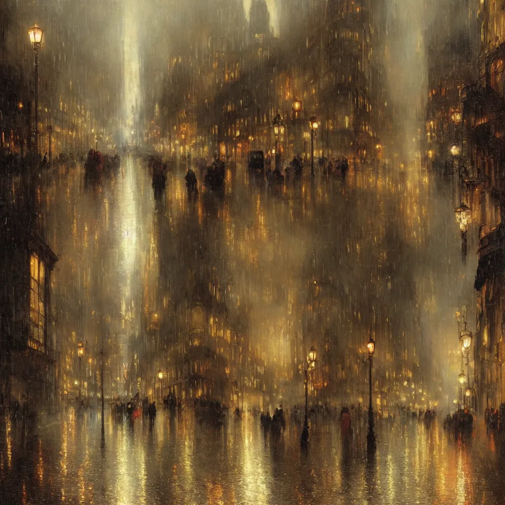 Image similar to a beautifull intricate city, wet sidewalk, people, reflections, raindrops, high details, art by william turner, by greg rutkowski and by alphonse mucha, trending on artstation, extremely detailed, masterpiece