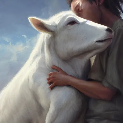 Prompt: a person hugging a large white animal, a detailed painting by krenz cushart, pixiv contest winner, fantasy art, official art, detailed painting, pixiv. highly detailed. 4 k masterpiece. unreal engine. photorealistic. realism. cinematic. photorealism. wideshot