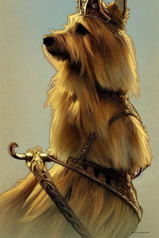 Image similar to norwich terrier as an Viking vwarrior, fantasy, long hair, intricate, elegant, highly detailed, digital painting, artstation, concept art, smooth, sharp focus, illustration, art by alphonse mucha