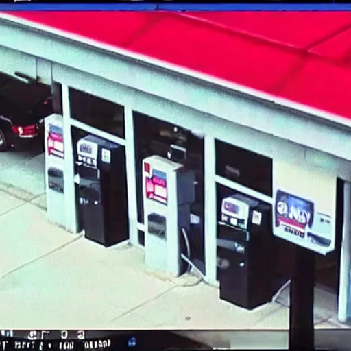 Image similar to A robbery at a gas station. Security camera footage, grainy, low quality.