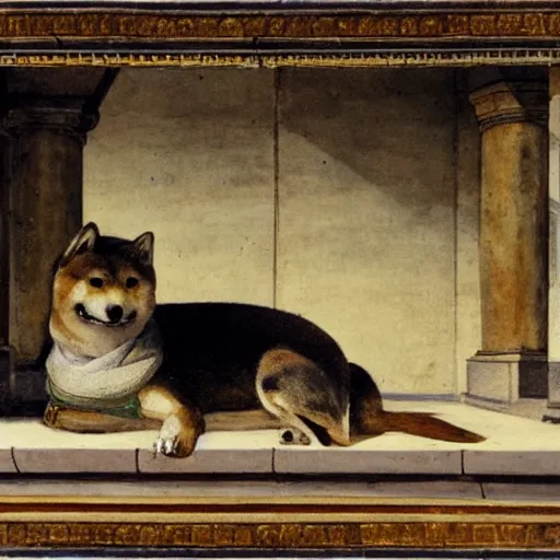 Image similar to a loggia from procida with a sleeping shiba inu by martinus rørbye, 1 8 3 5,