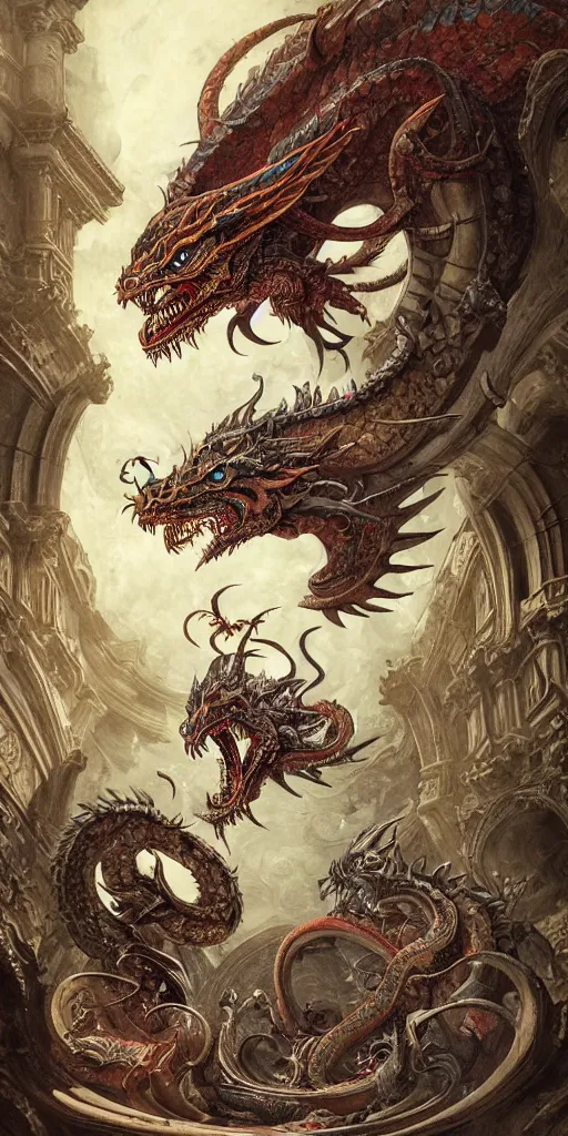 Image similar to epic fight of colorful Ouroboros and water dragon floating around inside an ancient mage castle hall colossal scale, gothic and baroque, brutalist architecture, ultradetailed, intricate details by Ellen Jewett and Ayami Kojima